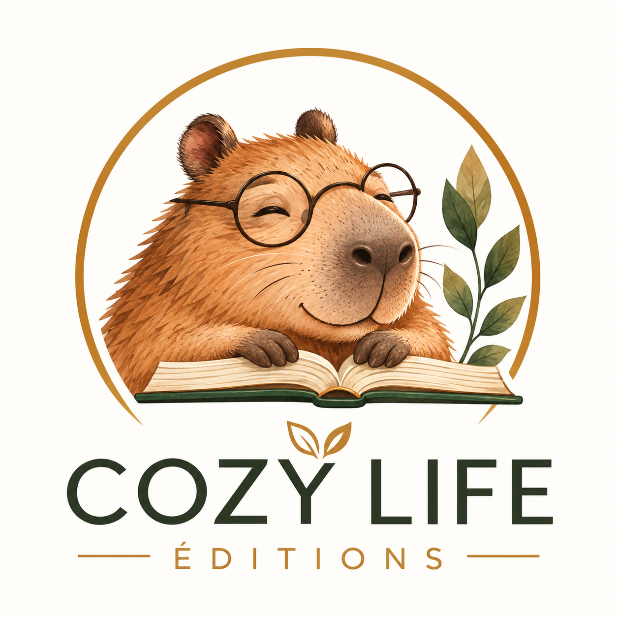 Cozy Life Éditions — capybara souriant avec un livre